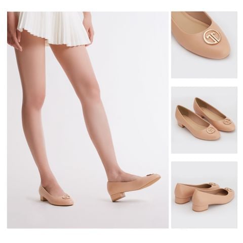 MNS0013BEI Giày Búp Bê Mũi Bầu Phối Logo Trang Trí Màu Kem