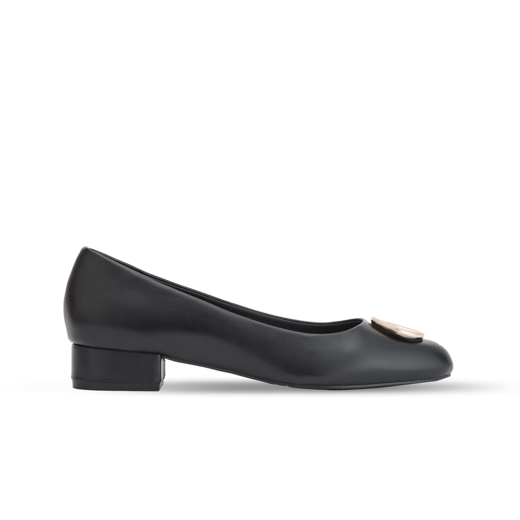 Giày Búp Bê Mũi Bầu Phối Logo Trang Trí Màu Đen MNS0013BLK