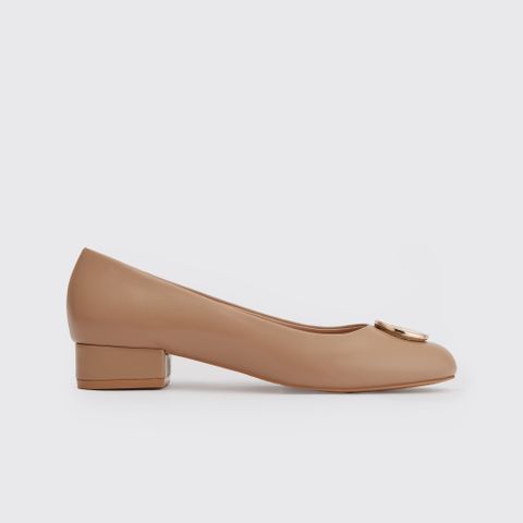 Giày Búp Bê Mũi Bầu Phối Logo Trang Trí Màu Nâu MNS0013TAN