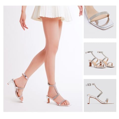 MNS0003SLV Giày Sandals Mũi Vuông Có Quai Hạt Cườm Màu Bạc