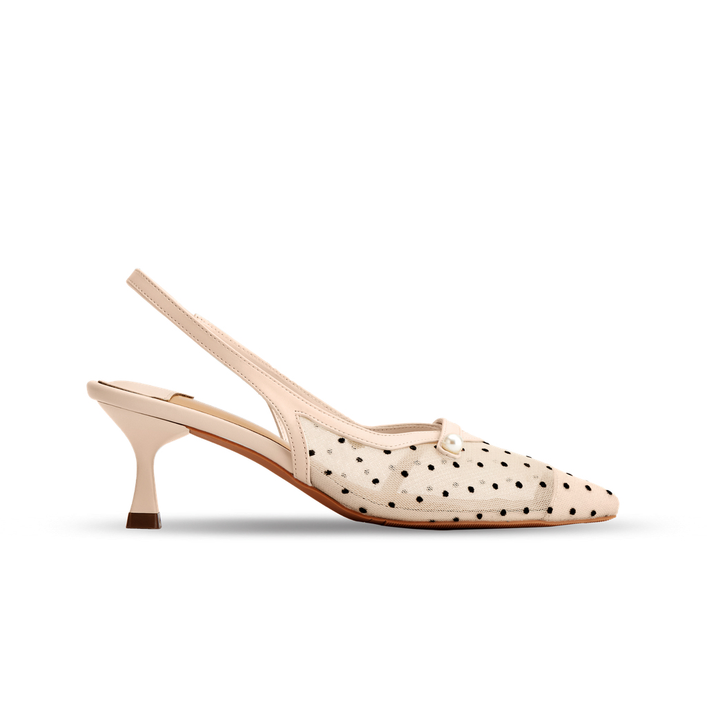 Giày Sandal Mũi Nhọn Lưới Trang Trí Màu Kem MNS0006NDE