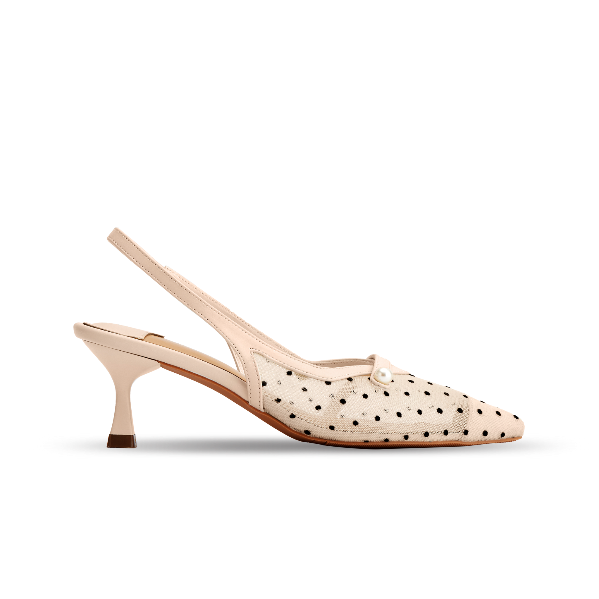 Giày Sandal Mũi Nhọn Lưới Trang Trí Màu Kem MNS0006NDE