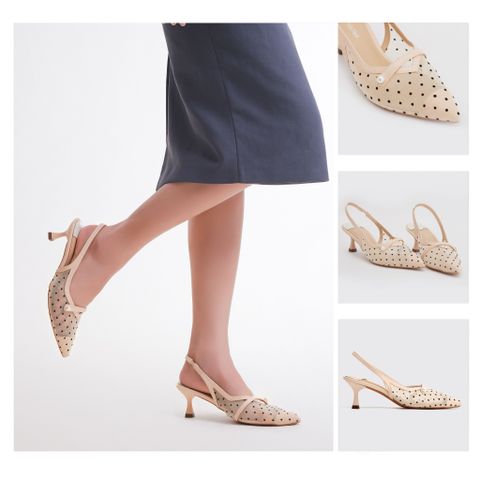 Giày Sandal Mũi Nhọn Lưới Trang Trí Màu Kem MNS0006NDE