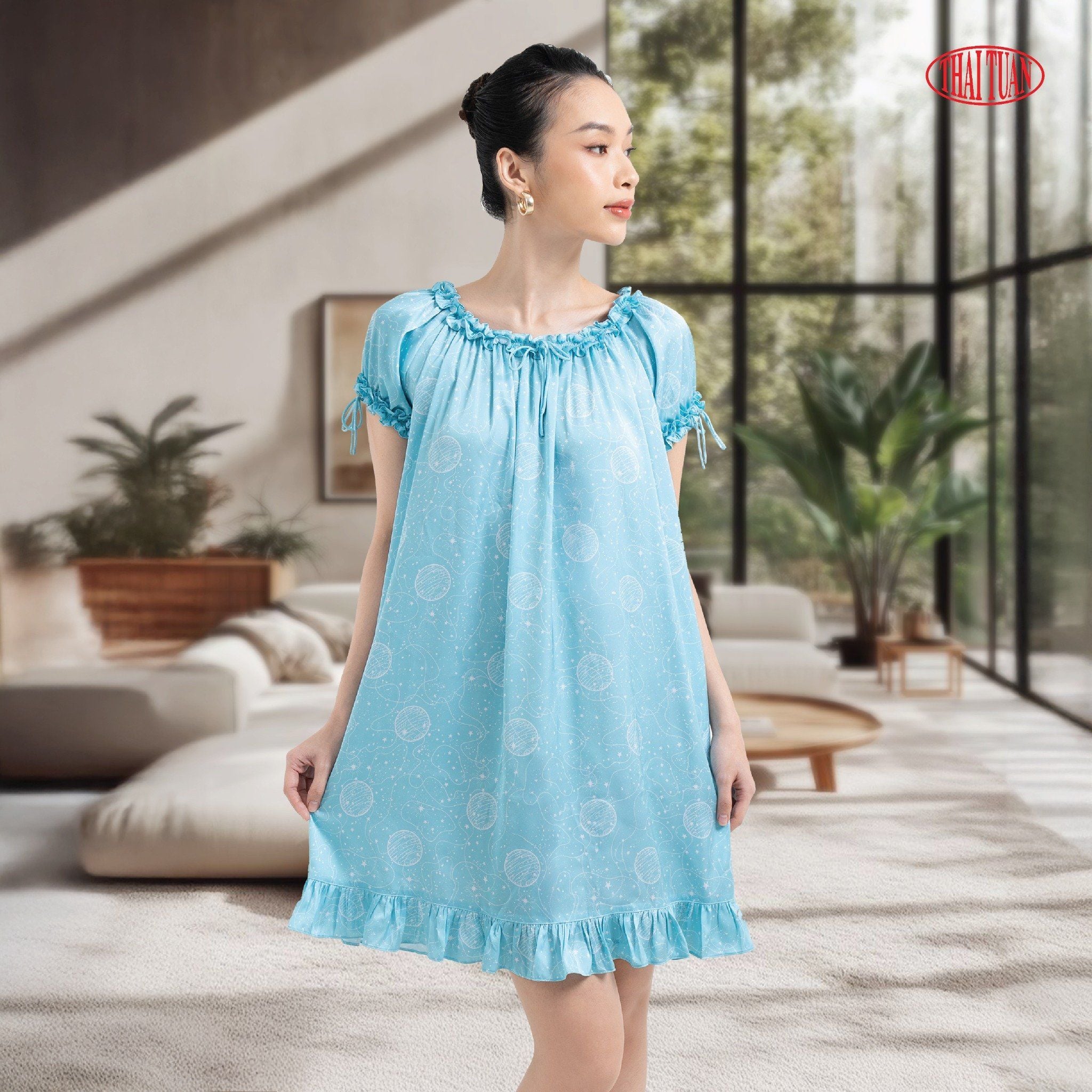 Đầm Ngủ Nữ Tay Ngắn Họa Tiết Ánh Sao 1F85G042