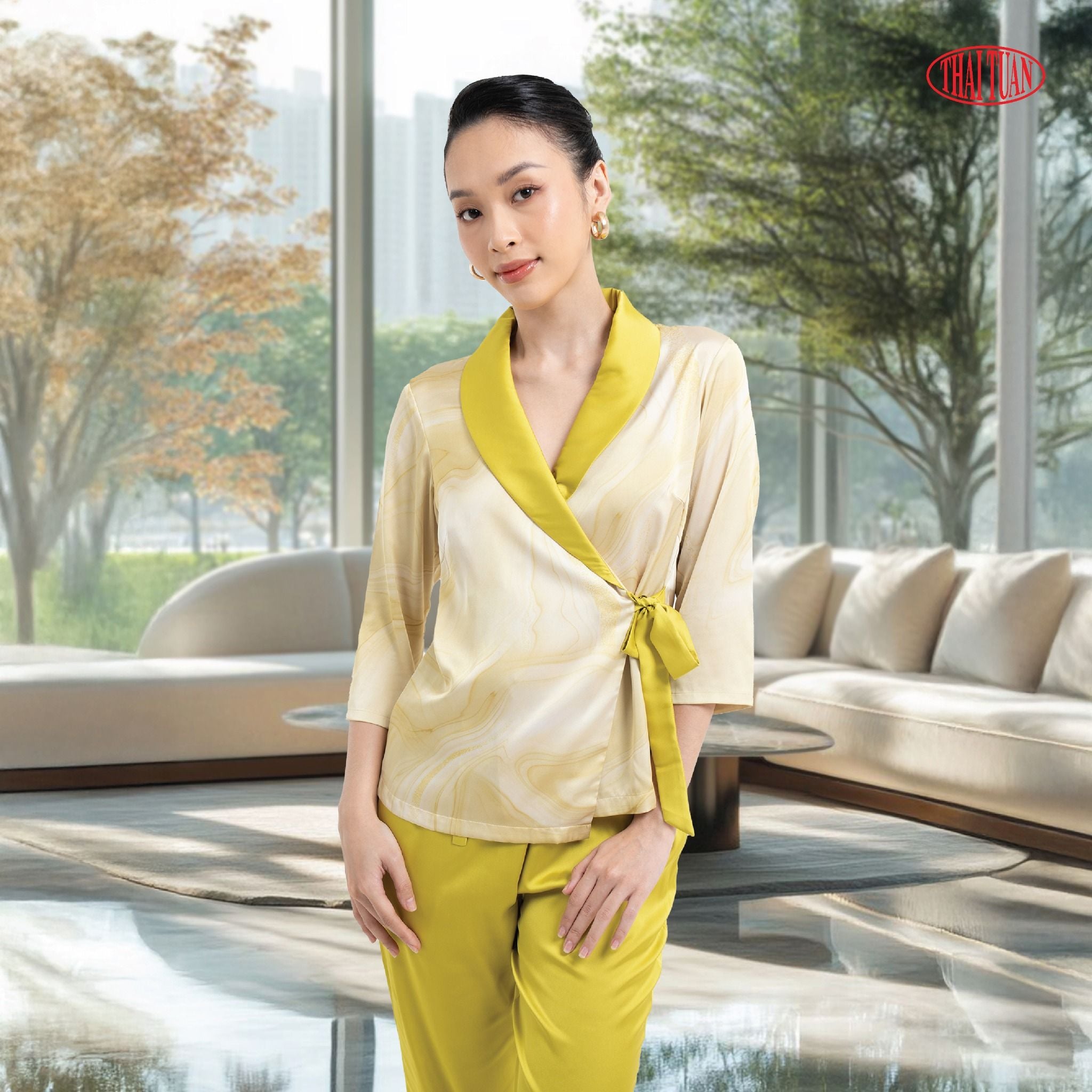 Đồ Bộ Lửng Nữ Kiểu Kimono Họa Tiết Loang Màu 1N10S602