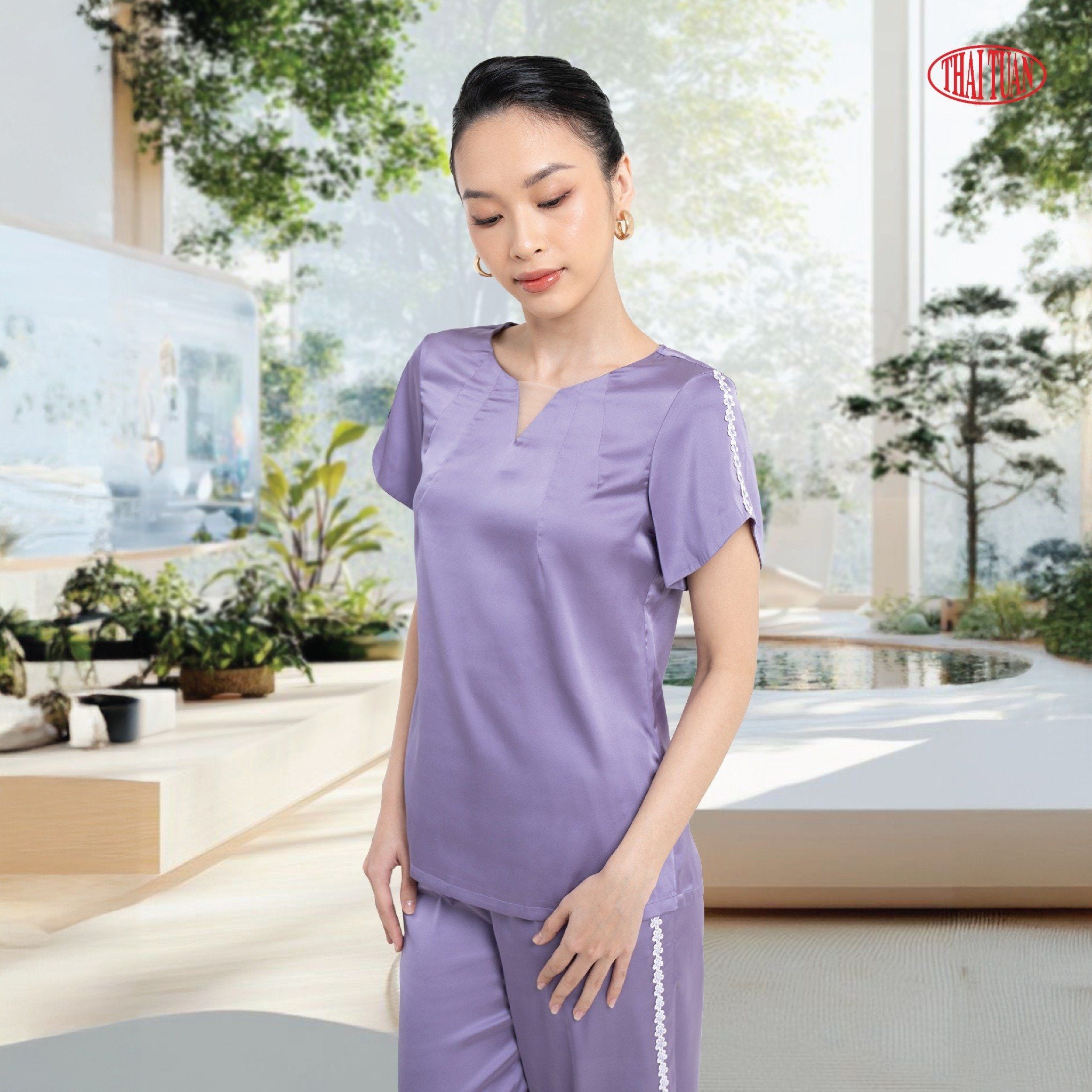 Đồ Bộ Lửng Nữ Vải Trơn Màu Tím Họa Tiết Đính Hoa 1N29S521