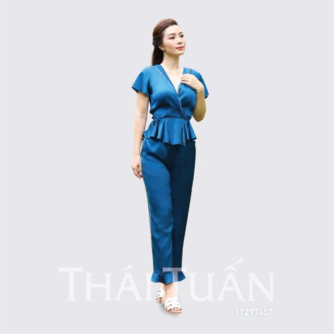 1Y29R457 Đồ Bộ Dài Nữ Trơn Tay Cánh Tiên Màu Xanh Dương