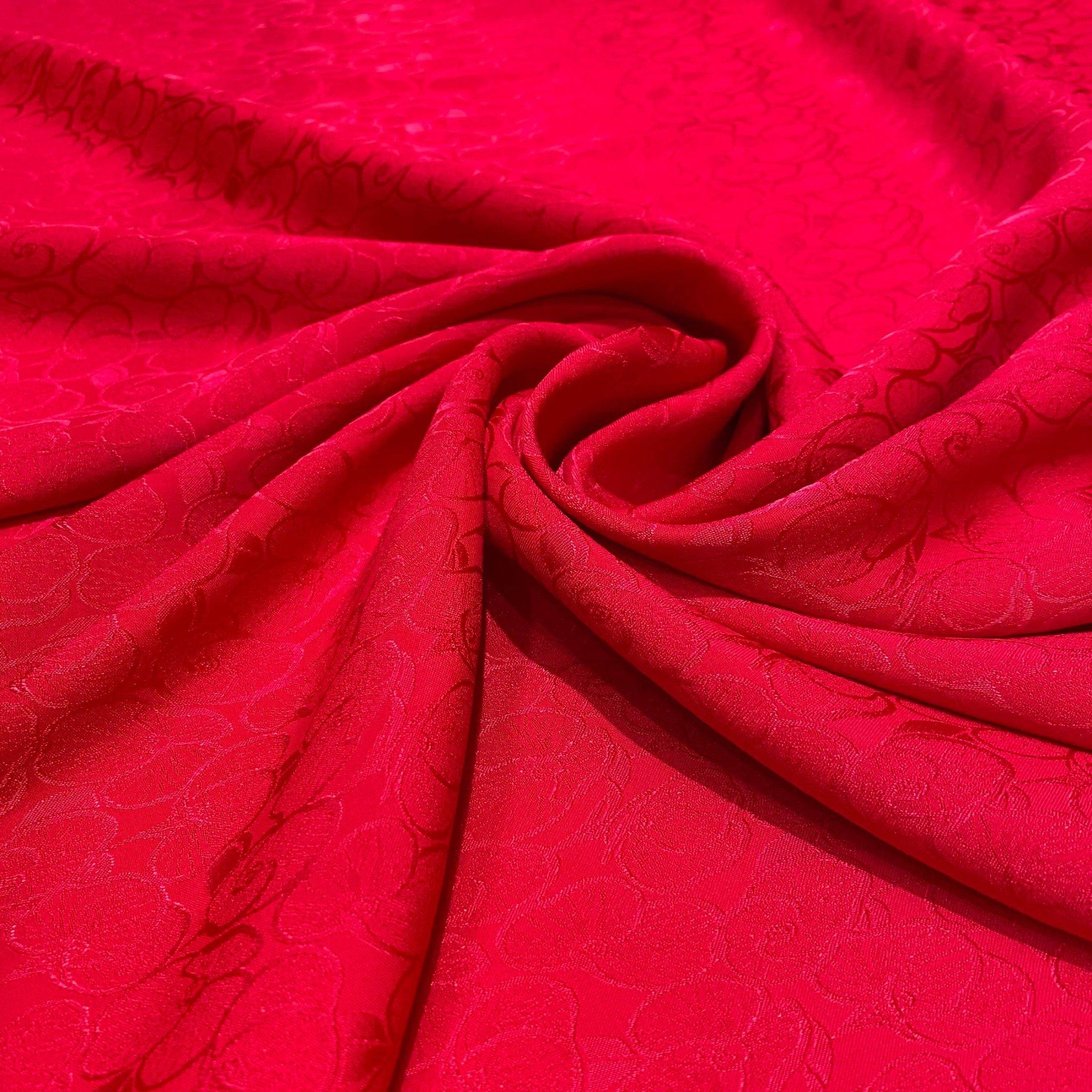 DRKN005031 Vải Gấm Quỳnh Giao Hoa Lá Màu Đỏ Khổ 1m15