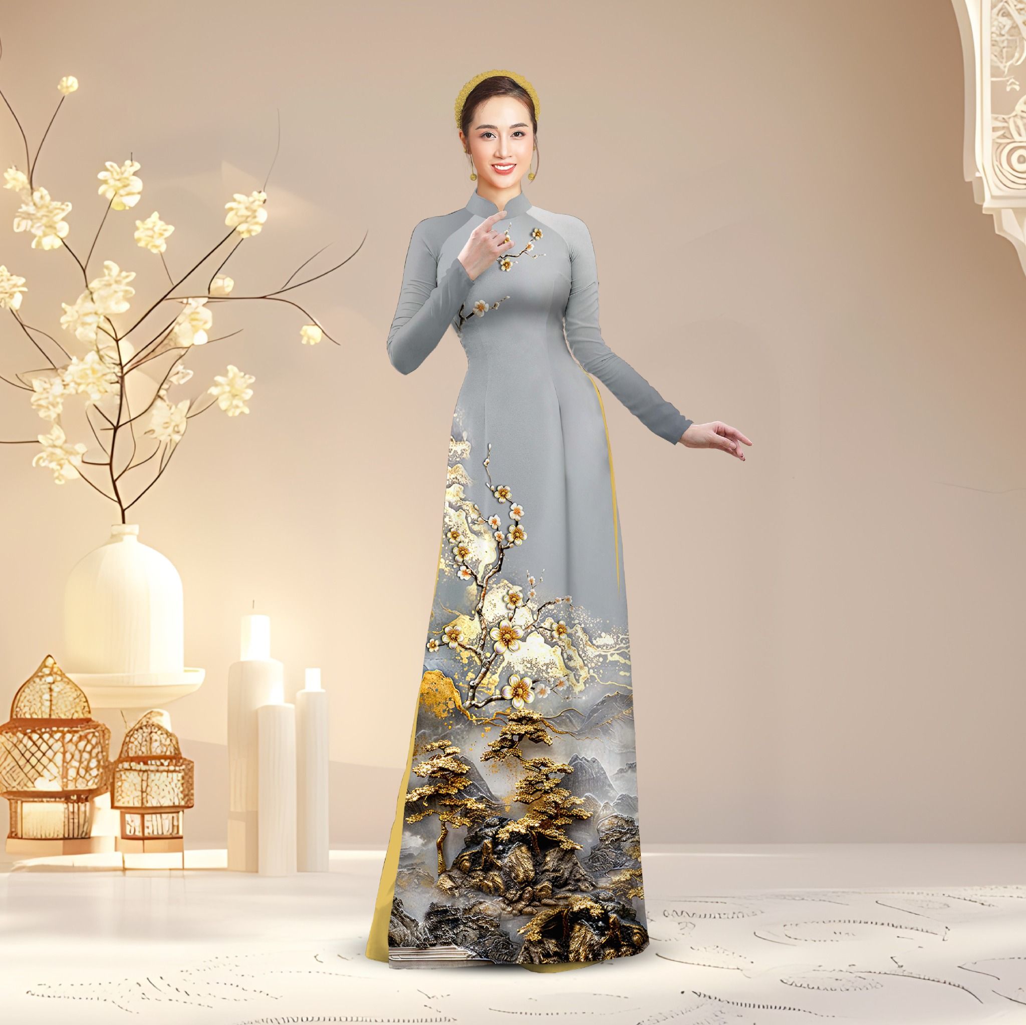 Vải Áo Dài Kim Tuyến Cao Cấp Đính Đá Khổ 1m50 x Dài 2m3