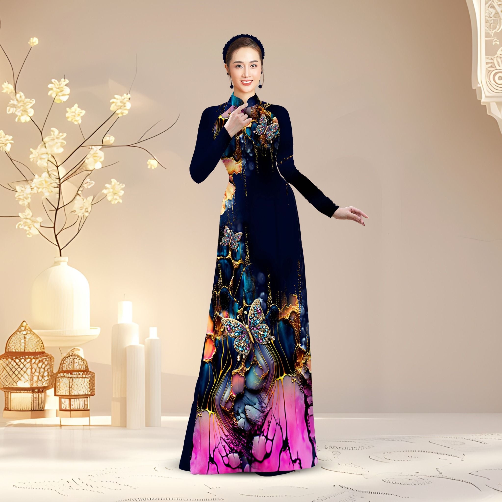 Vải Áo Dài Kim Tuyến Cao Cấp Đính Đá Khổ 1m50 x Dài 2m3