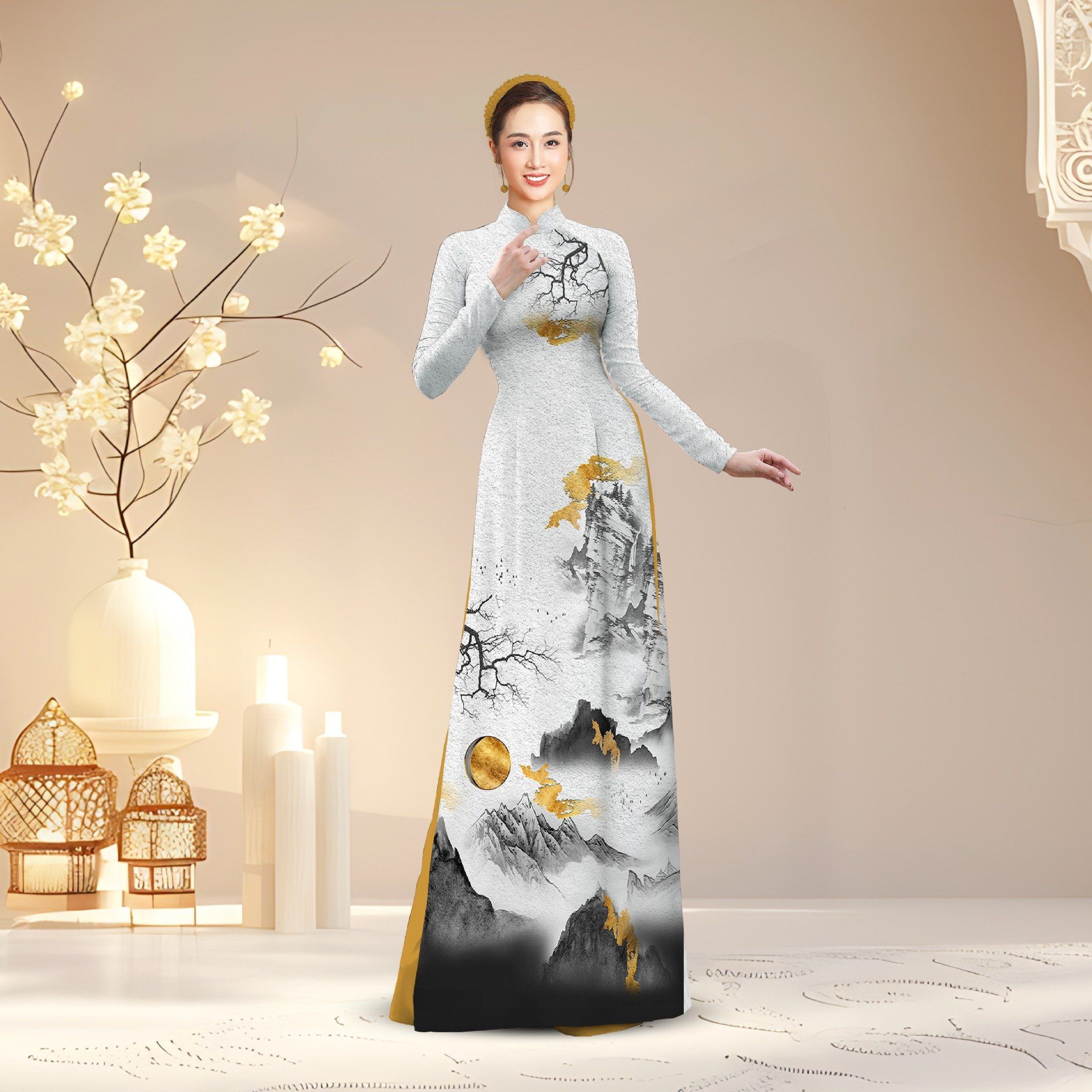 Vải Áo Dài Kim Tuyến Cao Cấp Đính Đá Khổ 1m50 x Dài 2m3