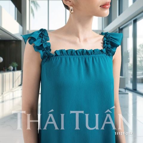 1I12T257 Đồ Bộ Ngắn Nữ Hai Dây Cổ Vuông Viền Nhún