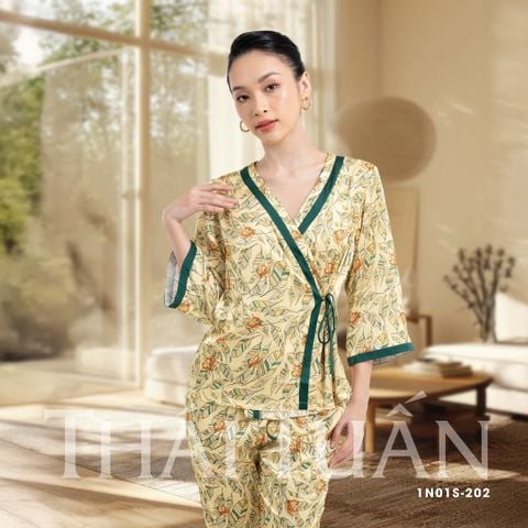 1N01S202 Đồ Bộ Lửng Nữ Kiểu Kimono Họa Tiết Lá