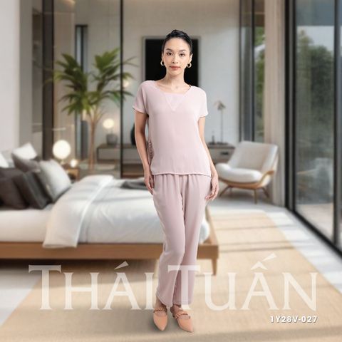 1Y28V027 Đồ Bộ Dài Nữ Vải Trơn Màu Hồng