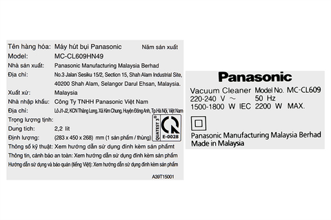 Máy hút bụi Panasonic MC-CL609HN49 2200w 2.2 lít