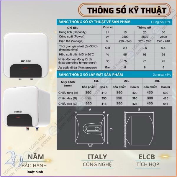 Bình nước nóng ROSSI BLANC RBC 15LSQ vuông