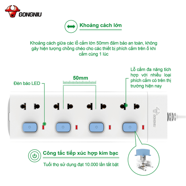 Ô cắm điện 4 lỗ, 4 công tắc GONEO GNVN-V3040-30 3met