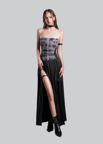  IUNU Drawstring Front Slit Pleated Dress 