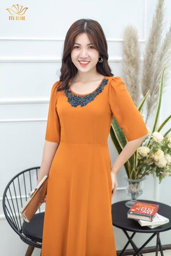 Đầm dạ hội  - Cổ tròn tay lỡ CD - Cam đất  - TTV610 *