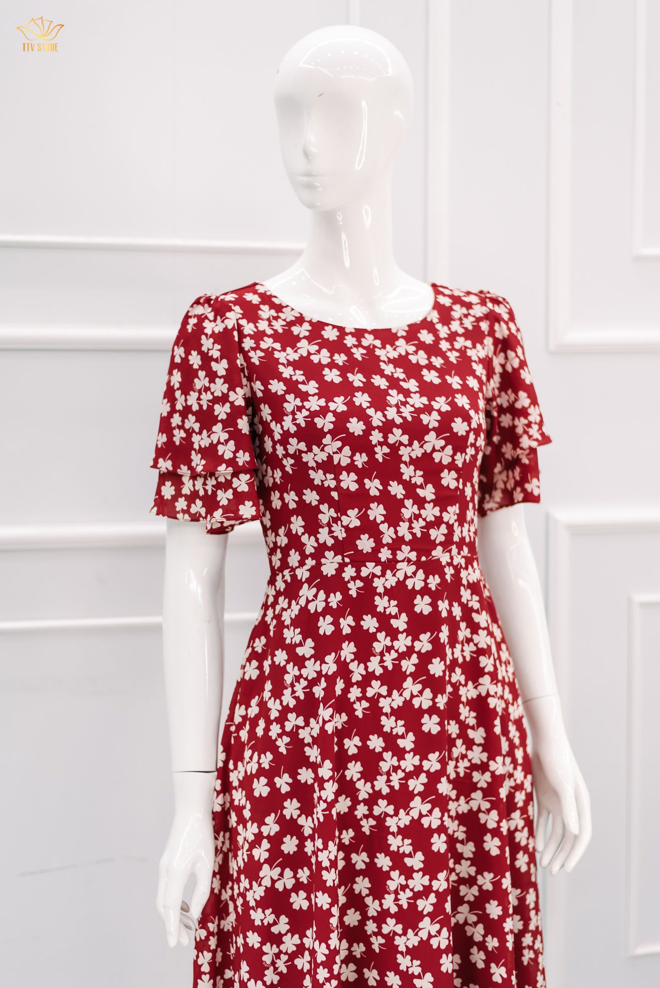Đầm xòe - Cổ tròn tay chuông hai tầng - CT - Đỏ hoa trắng - TTV1397