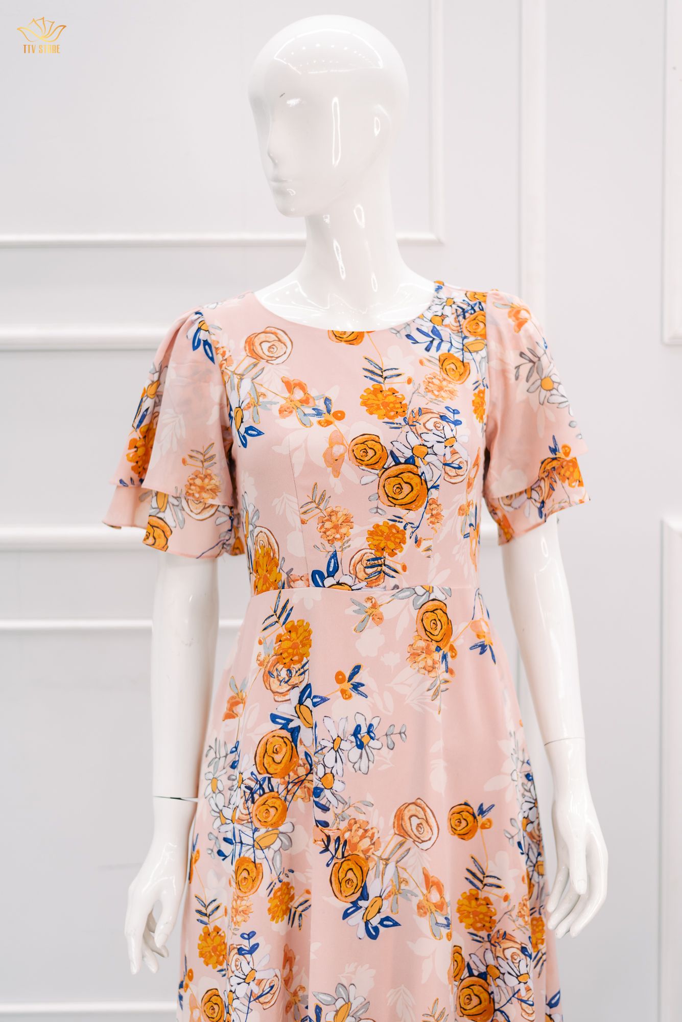 Đầm xòe - Cổ tròn tay chuông hai tầng - CT - Hồng hoa cam - TTV1397