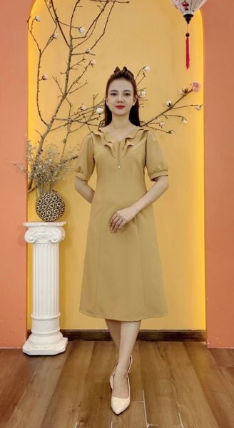 Đầm suông - Cổ tim bèo dây kéo tay ngắn - CV - Da - TTV1917