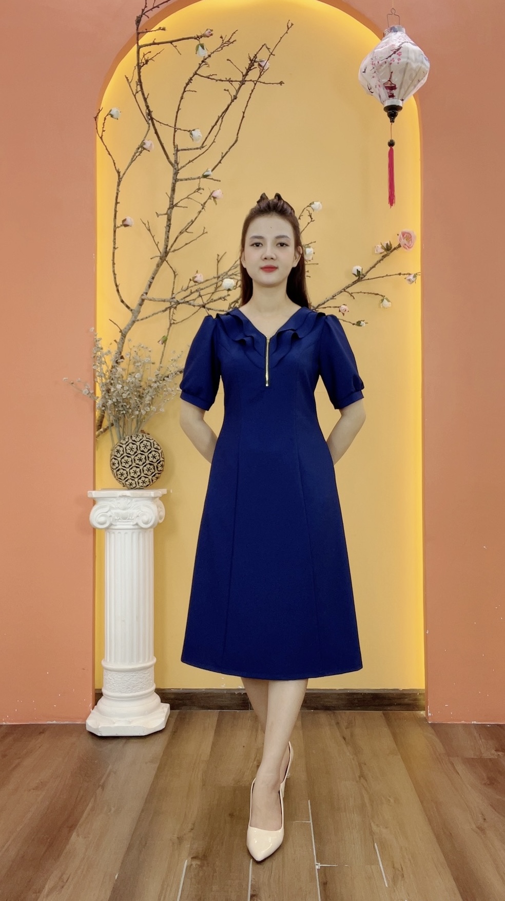 Đầm suông - Cổ tim bèo dây kéo tay ngắn - CV - Xanh dương đậm - TTV1917