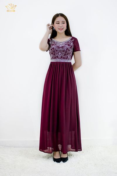 Đầm dạ hội - Cổ tròn kết cườm - AH - Đỏ đô - TTV562 *
