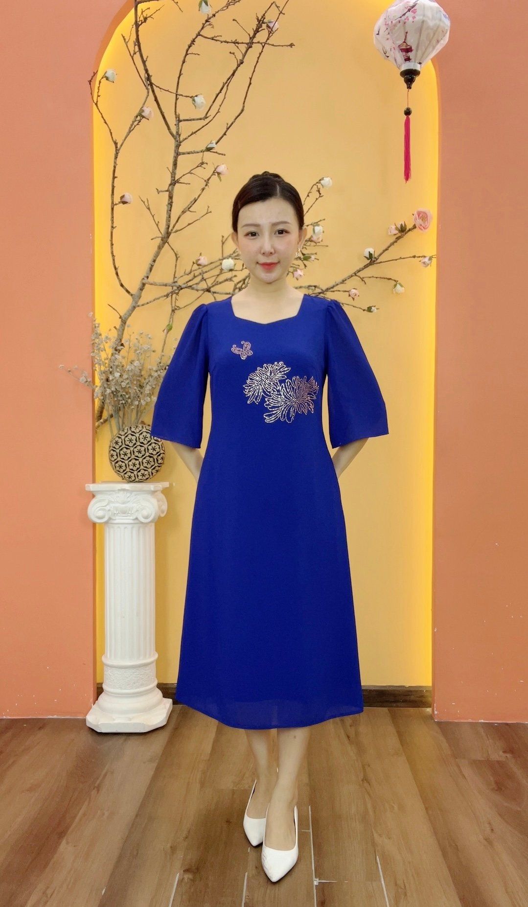 Đầm suông - Cổ vuông tim ép đá tay lỡ - CT - Xanh coban - TTV1905