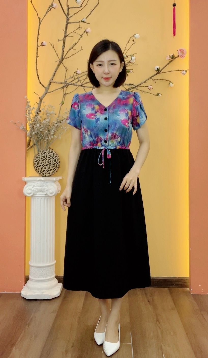 Đầm xòe A - Cổ tim kết nút rút dây tay cánh hồng - CT - Xanh họa tiết - TTV1884