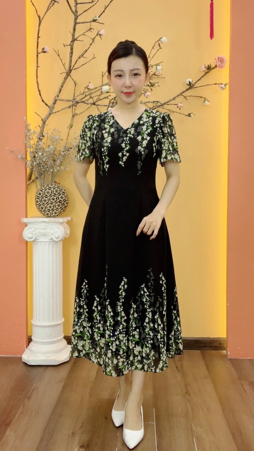 Đầm xòe - Cổ tim tay ngắn - CD - Đen hoa - TTV1897