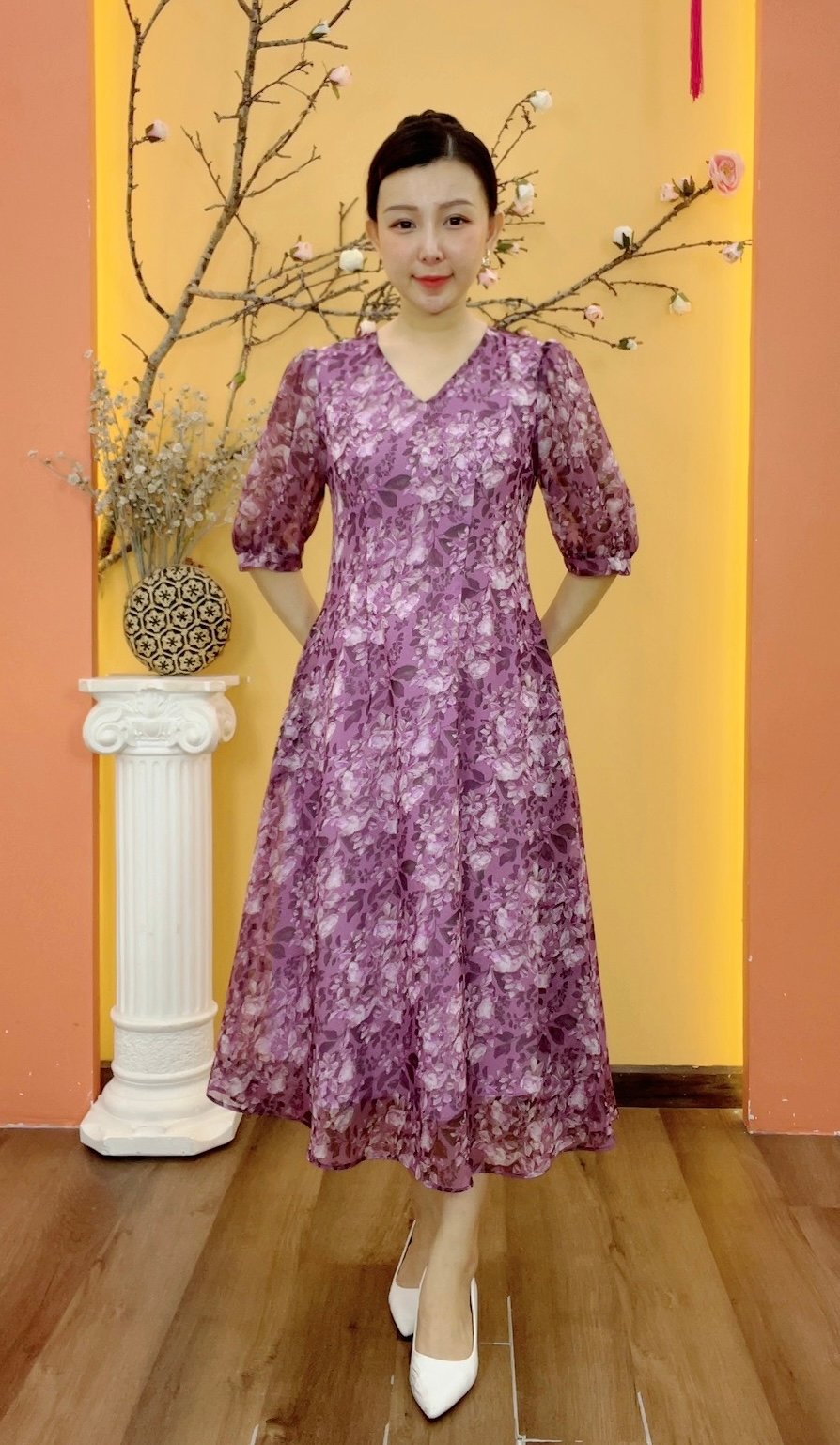 Đầm suông xòe - Cổ tim tay lỡ - CD - Tím hoa - TTV1904