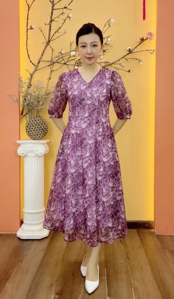 Đầm suông xòe - Cổ tim tay lỡ - CD - Tím hoa - TTV1904