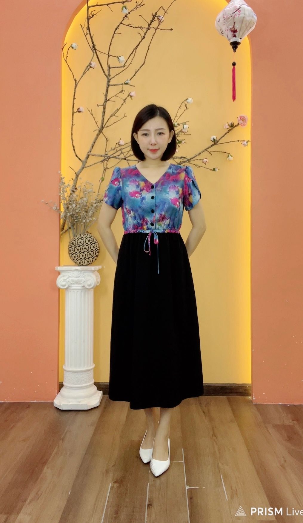 Đầm xòe A - Cổ tim kết nút rút dây tay cánh hồng - CT - Xanh họa tiết - TTV1884