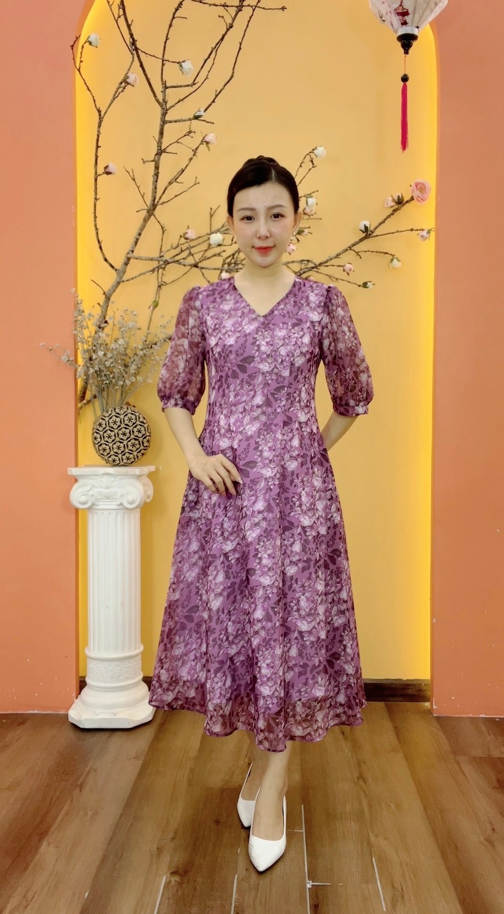 Đầm suông xòe - Cổ tim tay lỡ - CD - Tím hoa - TTV1904