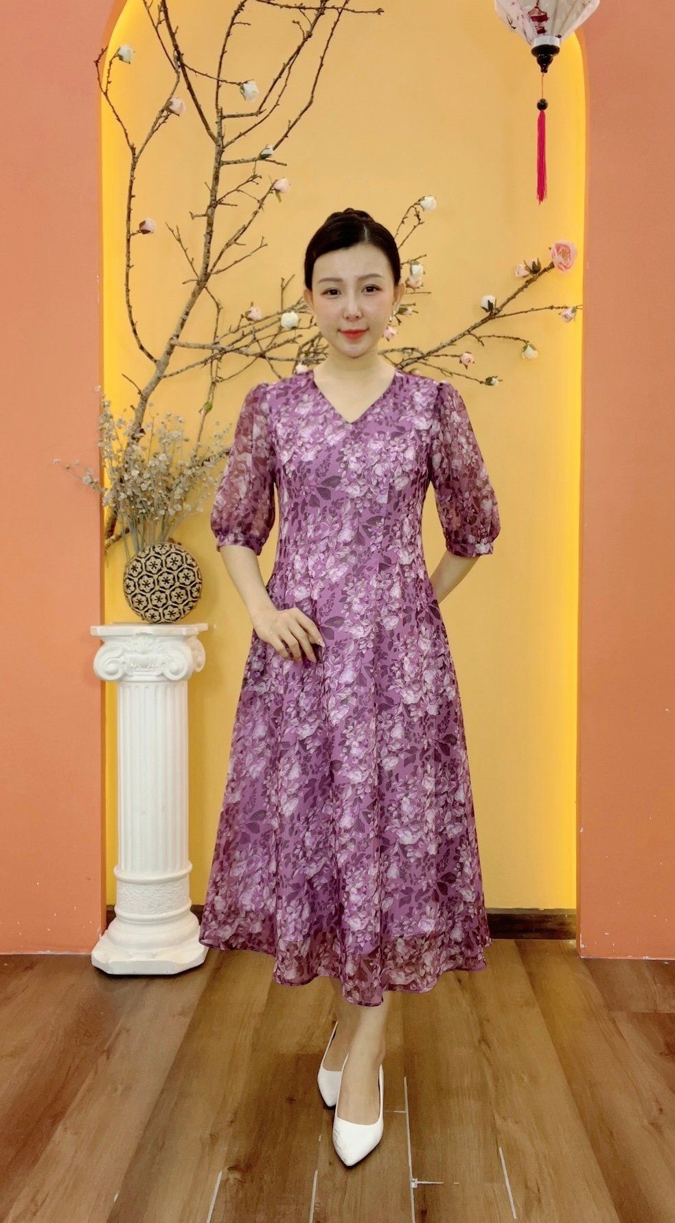 Đầm suông xòe - Cổ tim tay lỡ - CD - Tím hoa - TTV1904