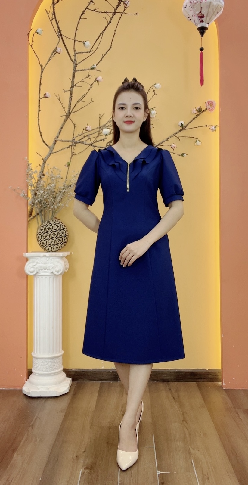 Đầm suông - Cổ tim bèo dây kéo tay ngắn - CV - Xanh dương đậm - TTV1917