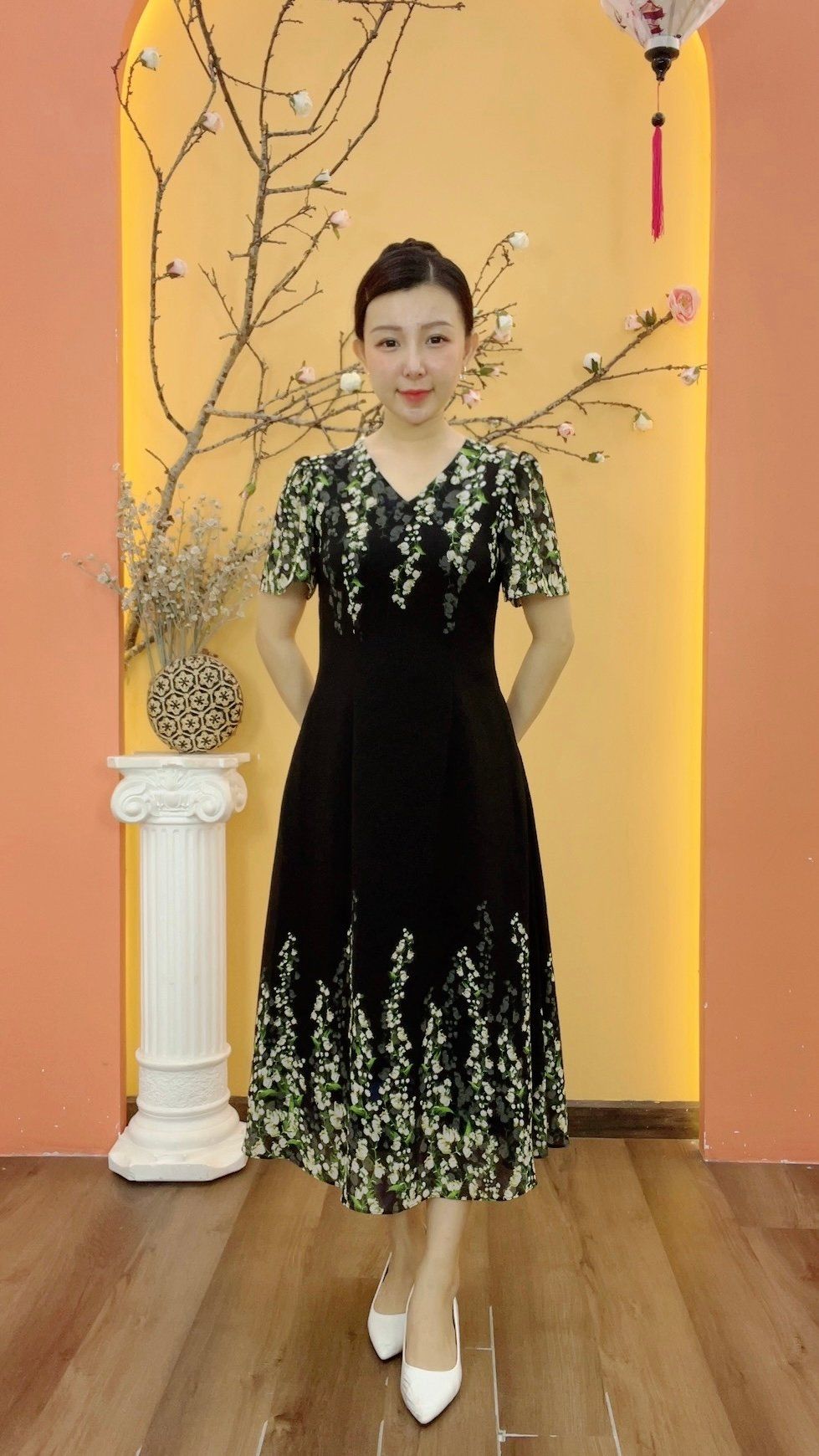 Đầm xòe - Cổ tim tay ngắn - CD - Đen hoa - TTV1897