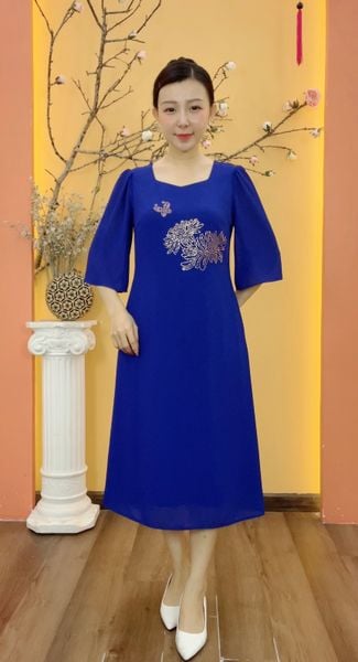 Đầm suông - Cổ vuông tim ép đá tay lỡ - CT - Xanh coban - TTV1905