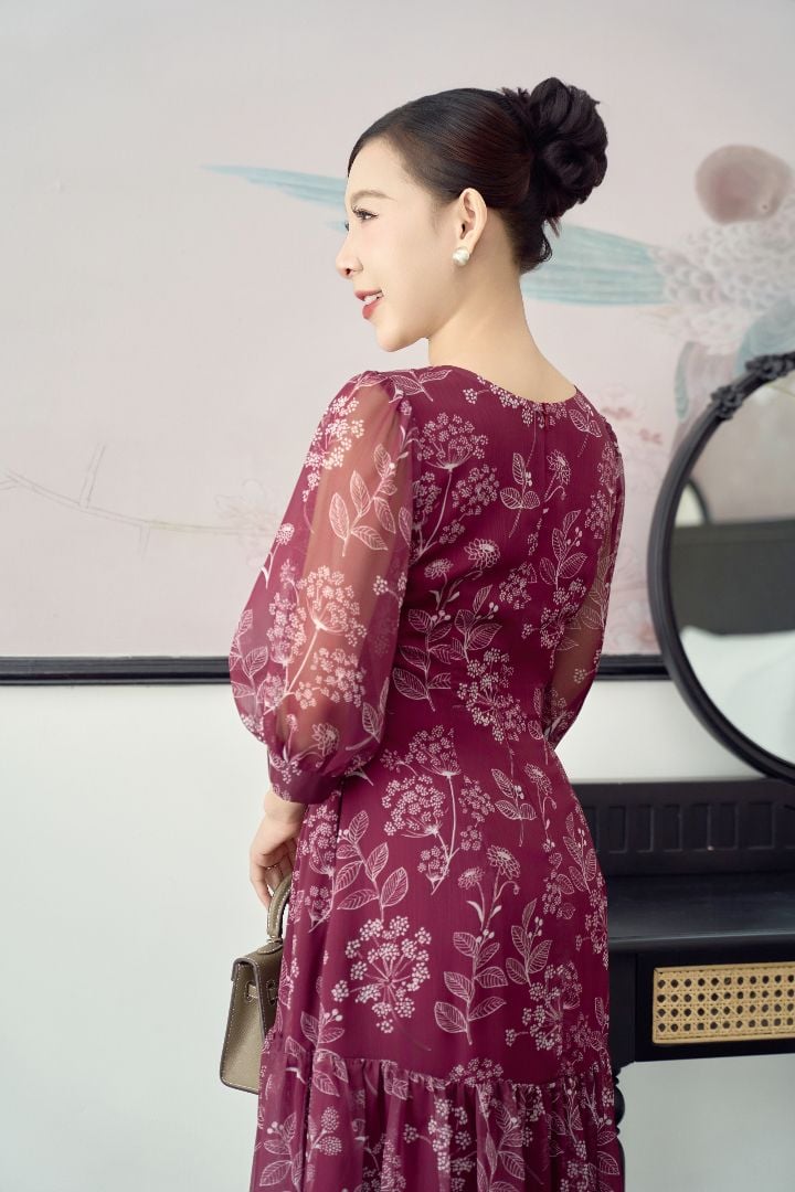 Đầm xòe A - Cổ tròn tay lỡ - CT - Đỏ hoa trắng - TTV1900