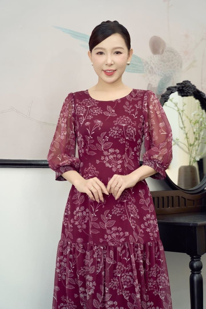 Đầm xòe A - Cổ tròn tay lỡ - CT - Đỏ hoa trắng - TTV1900
