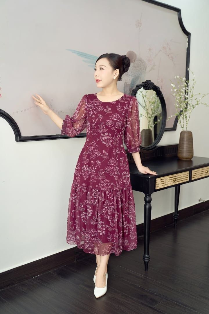 Đầm xòe A - Cổ tròn tay lỡ - CT - Đỏ hoa trắng - TTV1900