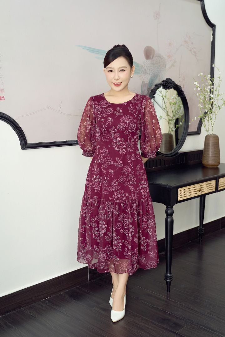 Đầm xòe A - Cổ tròn tay lỡ - CT - Đỏ hoa trắng - TTV1900