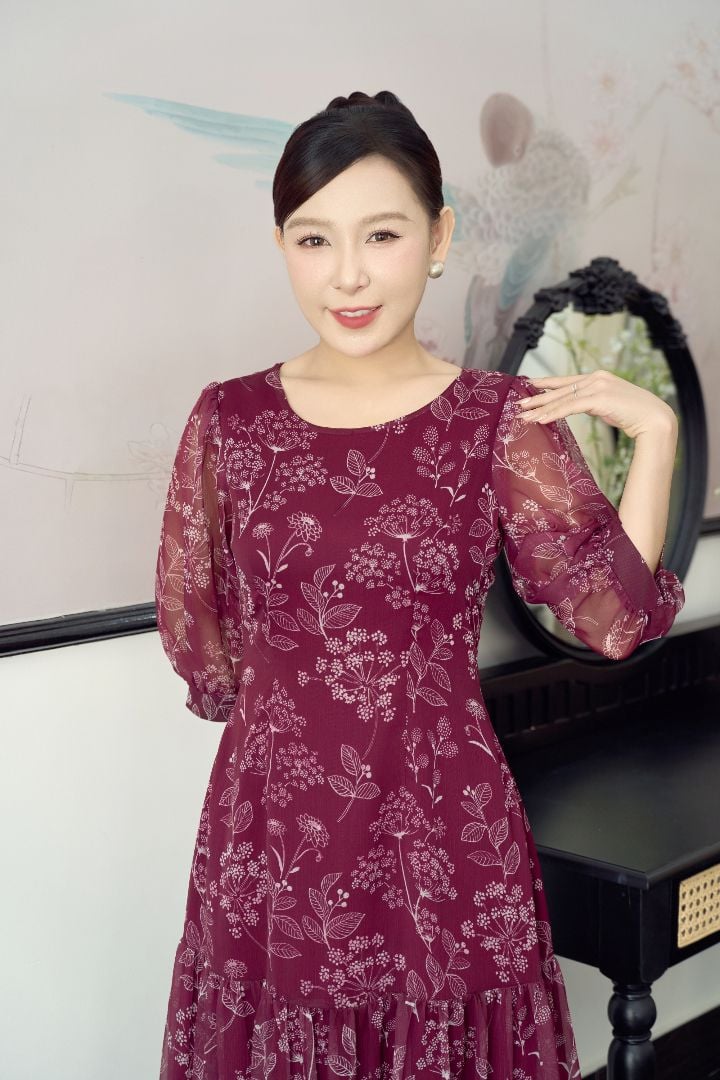 Đầm xòe A - Cổ tròn tay lỡ - CT - Đỏ hoa trắng - TTV1900