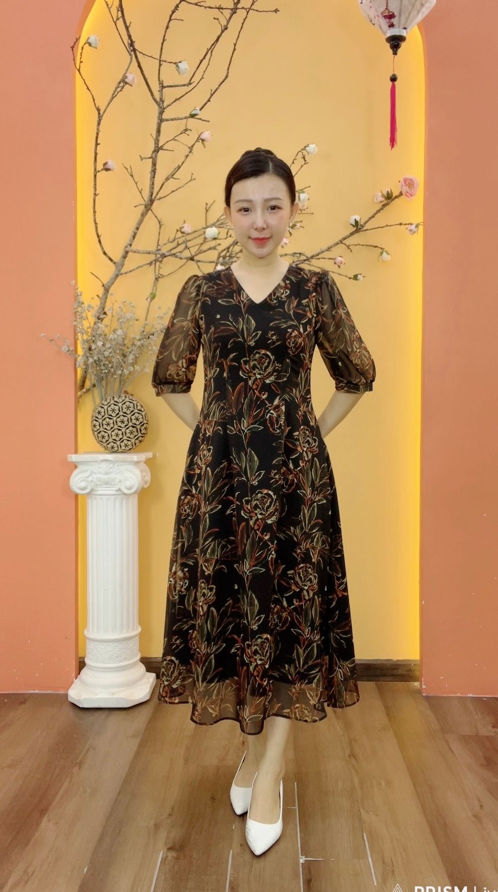 Đầm suông xòe - Cổ tim tay lỡ - CD - Đen hoa - TTV1904