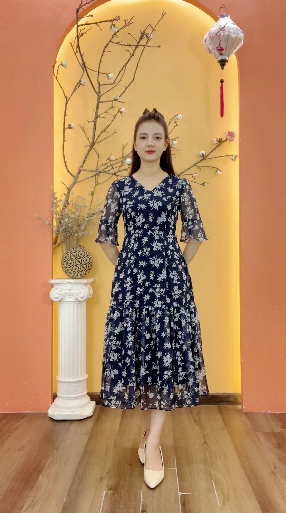 Đầm xòe A - Cổ tim tay lỡ - CT - Xanh hoa trắng - TTV1919