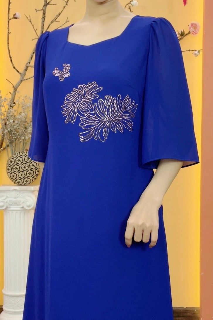 Đầm suông - Cổ vuông tim ép đá tay lỡ - CT - Xanh coban - TTV1905