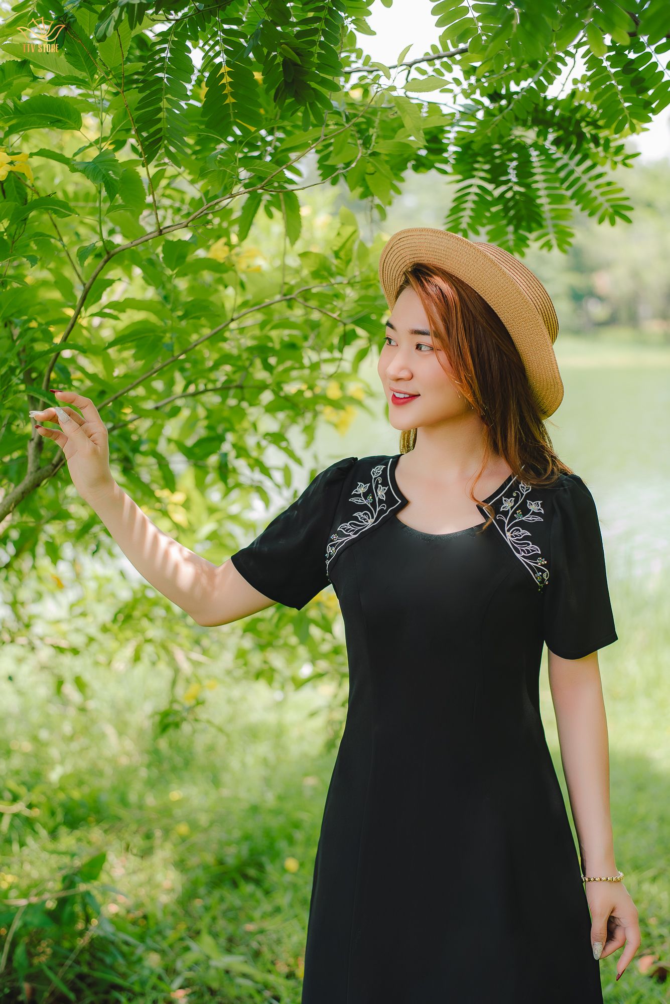 Đầm xòe - Cổ tròn tay ngắn thêu hoa - CV - Đen - TTV1393