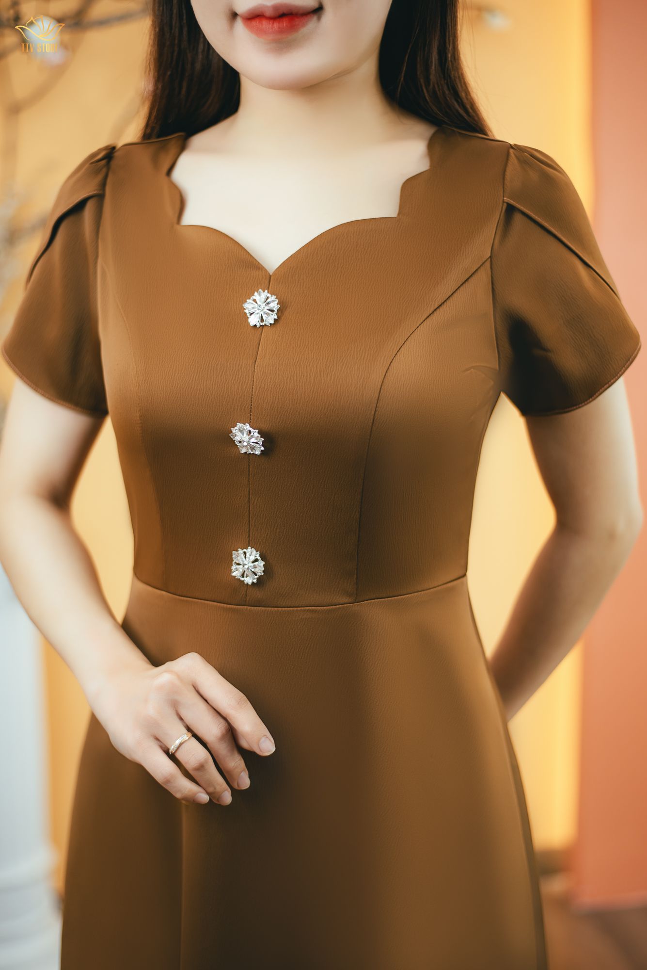 Đầm xòe - Cổ sóng nước kết nút ngọc tay búp - CT - Nâu đất - TTV1560