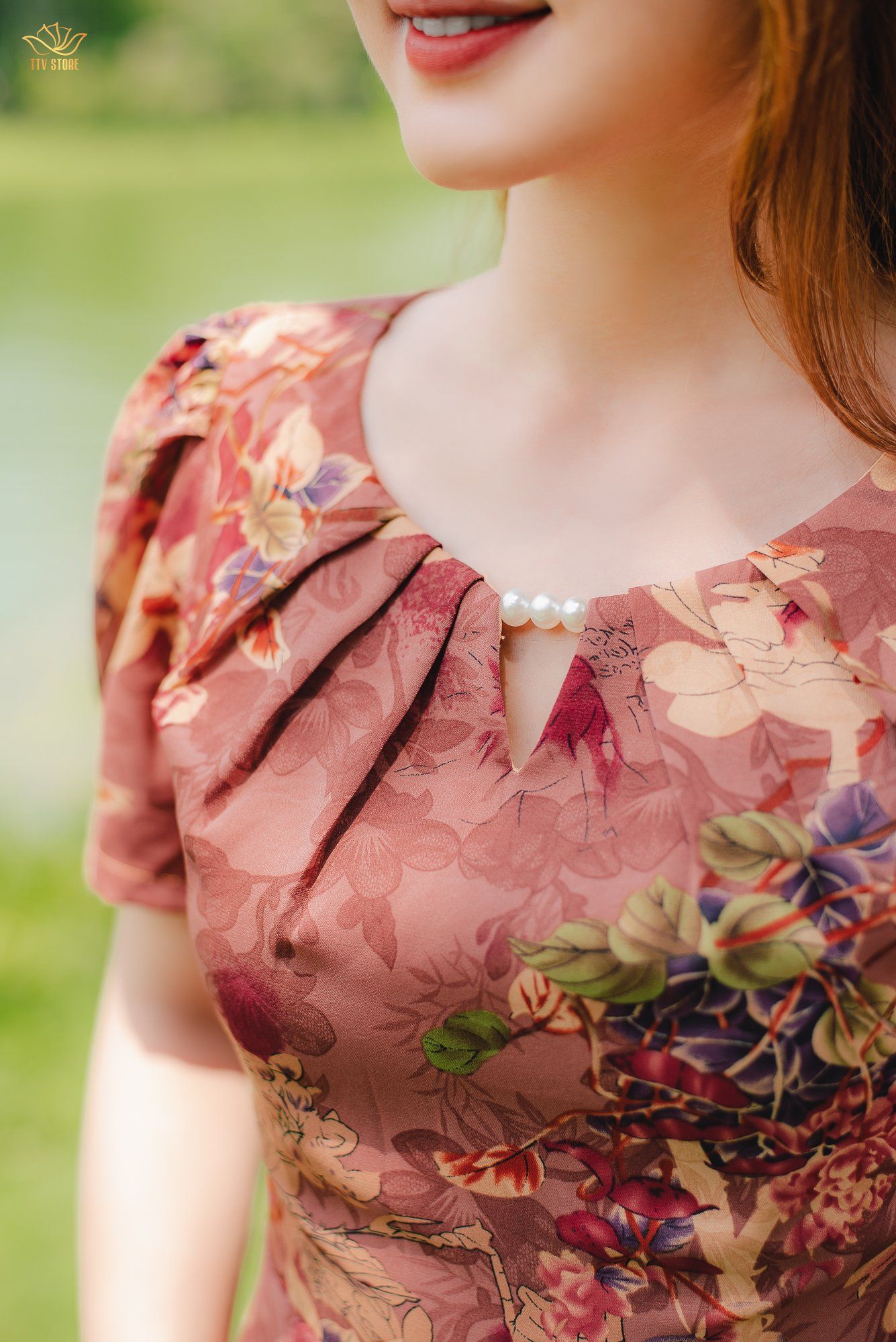 Đầm xòe - Cổ tròn tay ngắn - CT - Hồng hoa - TTV1401